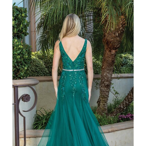 New Sleeveless Mermaid Prom Tulle Gown w/ Floral Applqiue & Deep V-Neck DQ 4311 - Picture 4 of 9